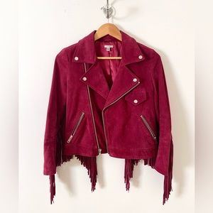 Red Suede Fringe Moto Jacket by Ecote Women’s Small